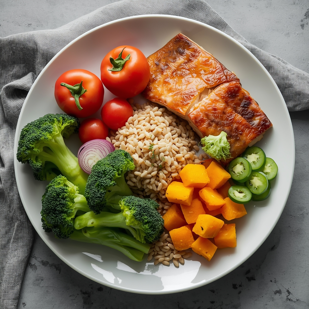 zdrava-ishrana-dugovekost-obrok Zdrava ishrana za dugovečnost – obrok sa povrćem, voćem, integralnim žitaricama i ribom.