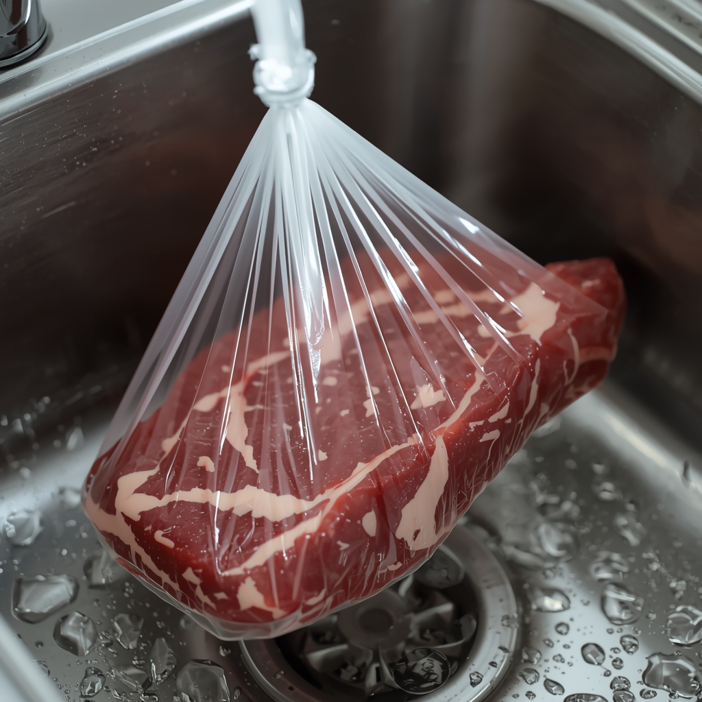 odmrzavanje-mesa-voda Meso se odmrzava pod hladnom vodom u sudoperi